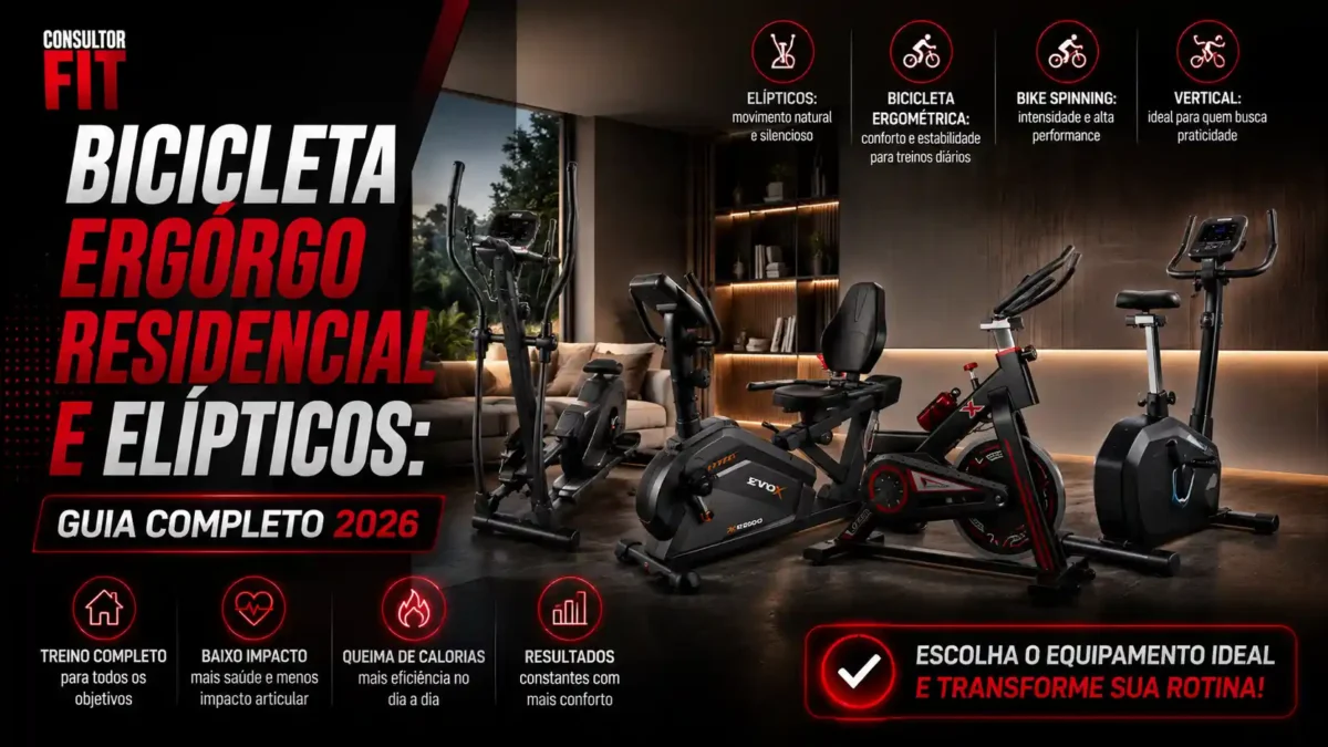 Um gráfico promocional do Consultor Fit para 'Bicicleta Ergométrica Residencial e Elípticos: Guia Completo 2026'. A imagem exibe quatro aparelhos pretos em uma sala de estar moderna: um elíptico, uma bicicleta horizontal, uma bicicleta de spinning e uma bicicleta vertical. Ícones acima de cada máquina descrevem 'ELÍPTICOS: movimento natural e silencioso', 'BICICLETA ERGOMÉTRICA: conforto e estabilidade para treinos diários', 'BIKE SPINNING: intensidade e alta performance', 'VERTICAL: ideal para quem busca praticidade'. Ícones na parte inferior destacam 'TREINO COMPLETO', 'BAIXO IMPACTO', 'QUEIMA DE CALORIAS' e 'RESULTADOS constantes'. O gráfico encerra com a chamada 'ESCOLHA O EQUIPAMENTO IDEAL E TRANSFORME SUA ROTINA!' com um ícone de marca de verificação. Bicicleta ergometrica ou eliptico para residencia