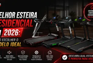 Banner da Consultor FIT com o título "Melhor Esteira Residencial em 2026: Como Escolher o Modelo Ideal". Quatro modelos de esteiras ergométricas estão alinhados lado a lado em uma sala moderna e escura. Na base, ícones destacam atributos como baixo ruído, segurança e tecnologia.