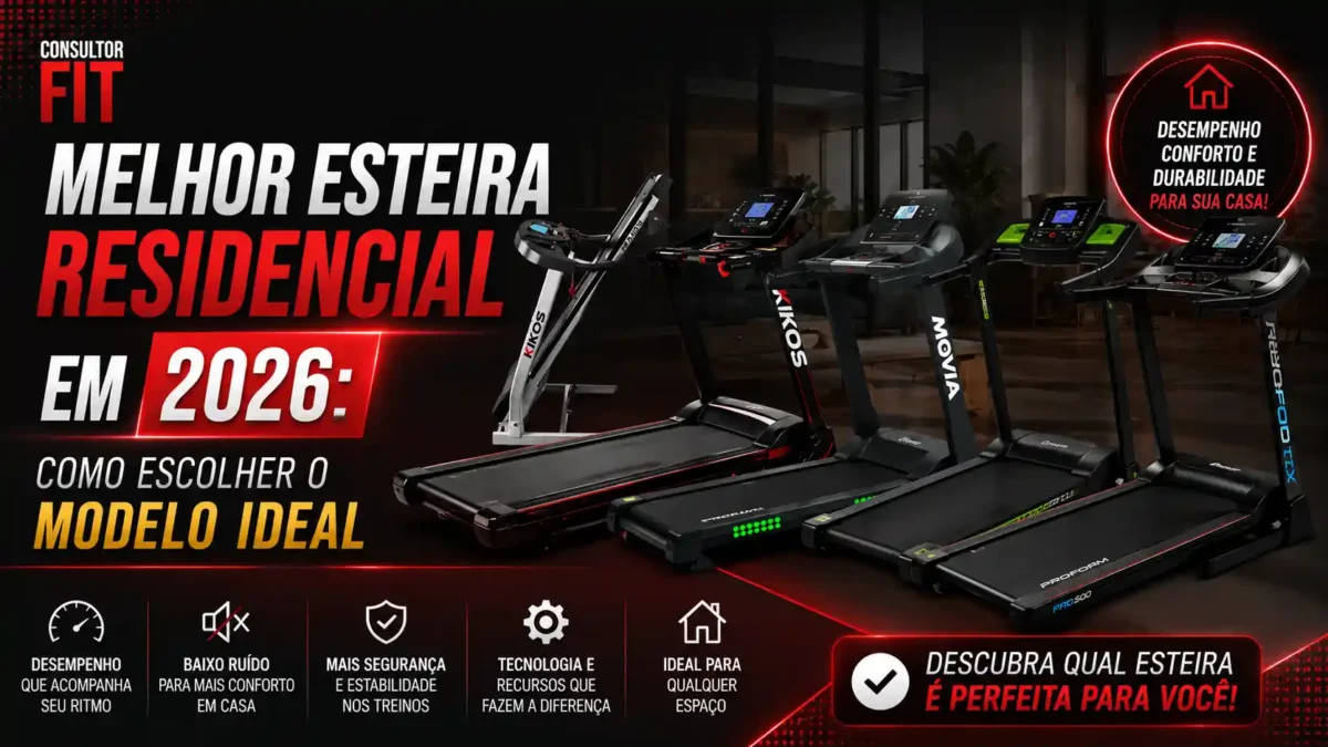 Banner da Consultor FIT com o título "Melhor Esteira Residencial em 2026: Como Escolher o Modelo Ideal". Quatro modelos de esteiras ergométricas estão alinhados lado a lado em uma sala moderna e escura. Na base, ícones destacam atributos como baixo ruído, segurança e tecnologia.