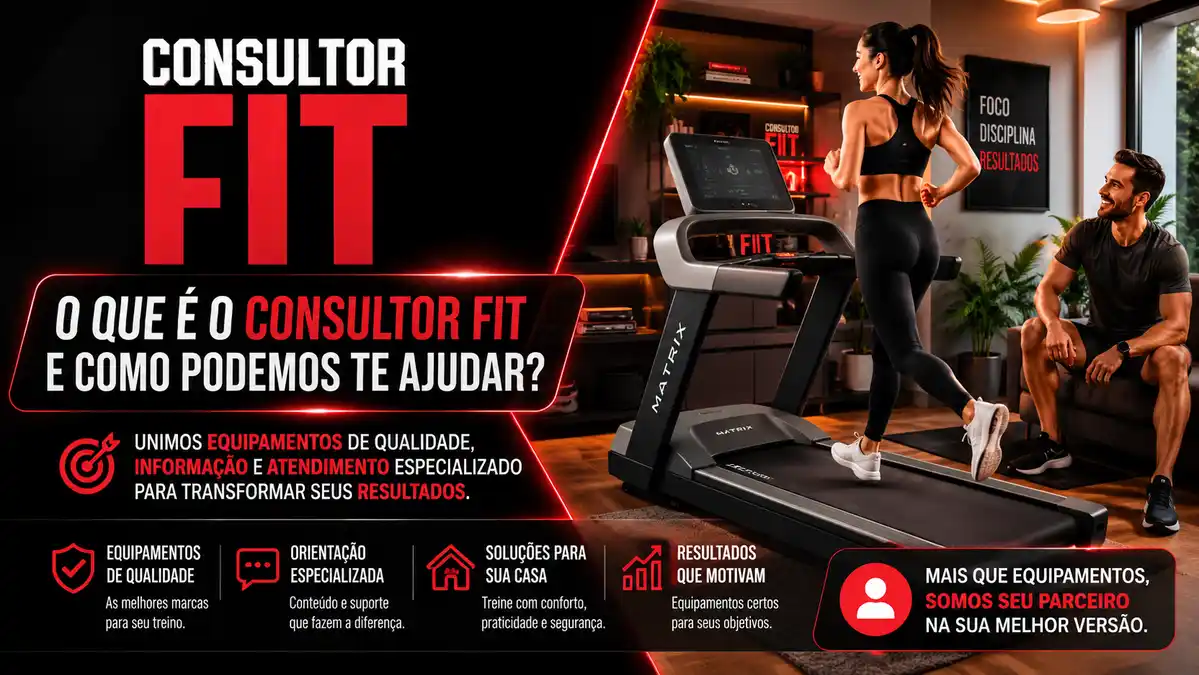 Mulher treinando em uma esteira ergométrica moderna na sala de casa, ilustrando a escolha inteligente de equipamentos de ginástica residencial com as dicas do Consultor FIT.