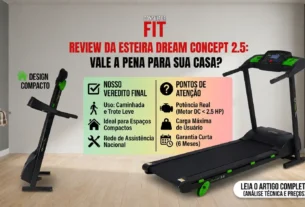 Esteira Dream Concept 2.5 montada e dobrada ao lado de um quadro com o resumo técnico do Consultor FIT, destacando os prós e contras do equipamento para uso residencial.